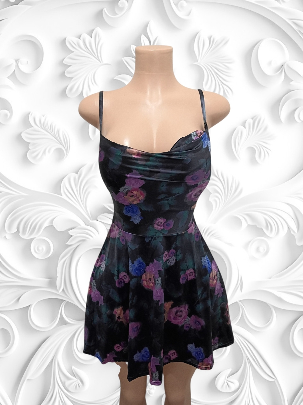 Popilush Floral Cowl Neck Slip Dress in Black with Purple & Blue Blooms